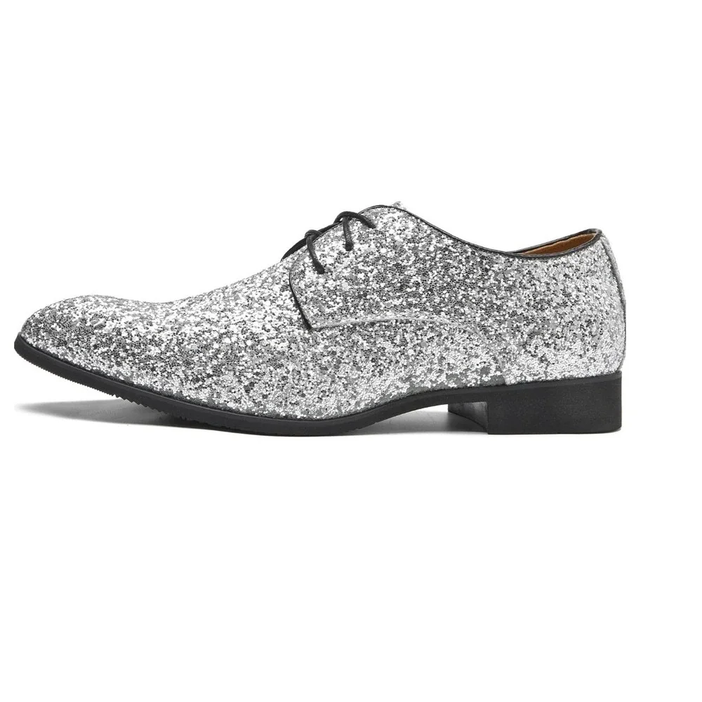 Glitter Derby Shoes Mens 10 Silver Pointed Toe Formal Party Statement Glam
